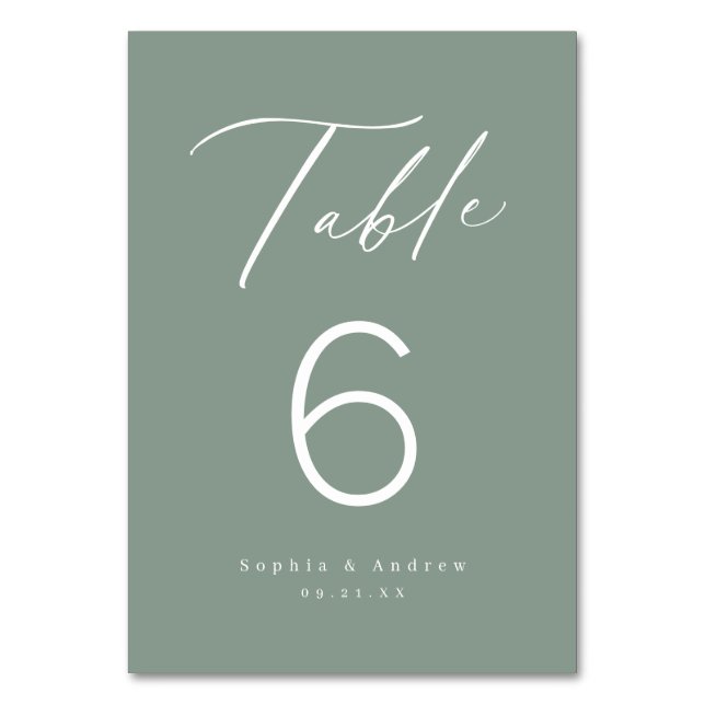 Sage Green modern script minimalist wedding Table Number (Front)