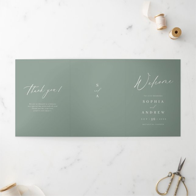 Sage Green modern script minimalist wedding Tri-Fold Program (Outside)