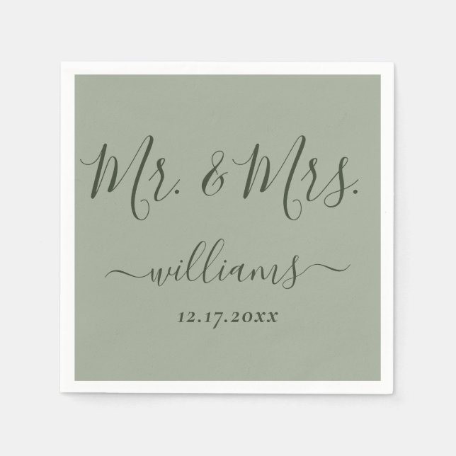 Sage Green Modern Script Mr. and Mrs. Wedding Napkins (Front)