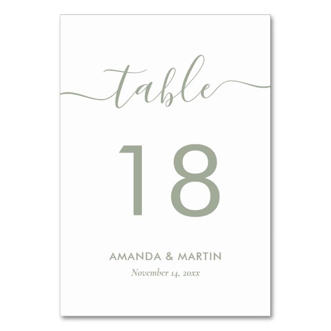 Sage Green Modern Script Table Number (Front)