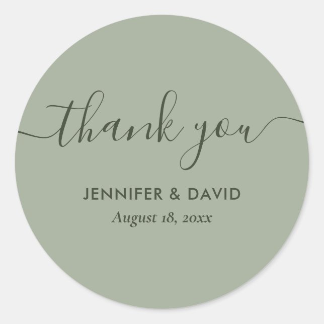 Sage Green Modern Script Thank You Classic Round Sticker (Front)