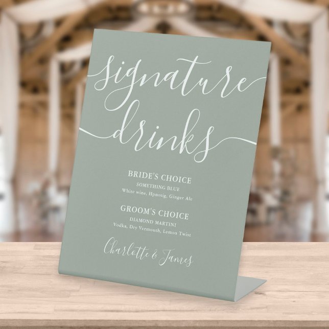 Sage Green Modern Script Wedding Signature Drinks Pedestal Sign (Creator Uploaded)
