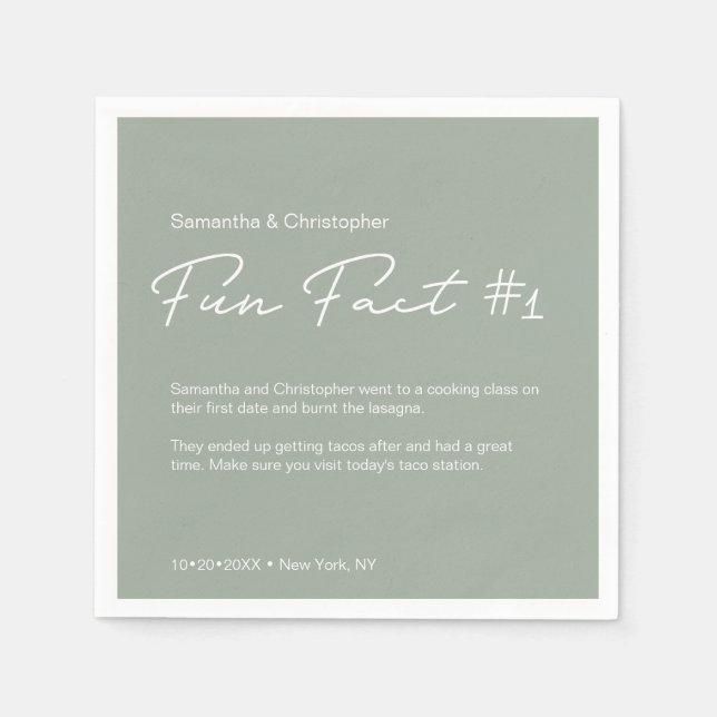 Sage green Modern Simple Couple fun fact Wedding Napkins (Front)