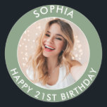 Sage Green Modern Simple Happy 21st Birthday Photo Classic Round Sticker<br><div class="desc">Cute 21st Birthday Happy Birthday Photo stickers for your son or daughter's birthday party. They feature a cute customizable text and image. Perfect for invitations and party bag goodies.</div>