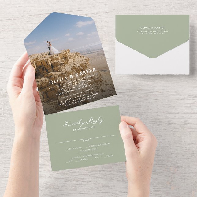 Sage Green Modern Simple Romantic Photo Wedding All In One Invitation (Creator Uploaded)