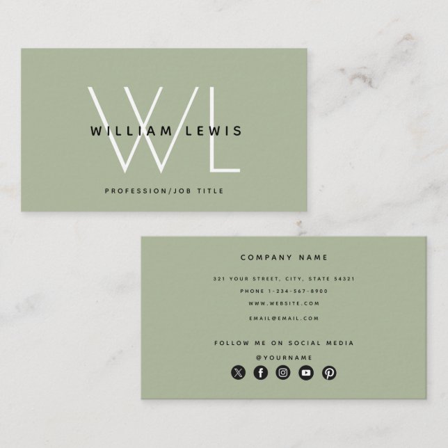 Sage Green Modern Social Media Icon Business Card (Front/Back)