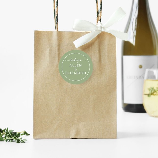 Sage Green Modern Thank You Card Wedding Favor Classic Round Sticker (Creator Uploaded)