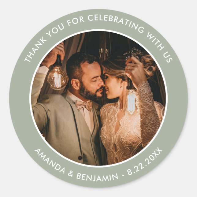 Sage Green Modern Thank You Photo Wedding Favor Classic Round Sticker (Front)