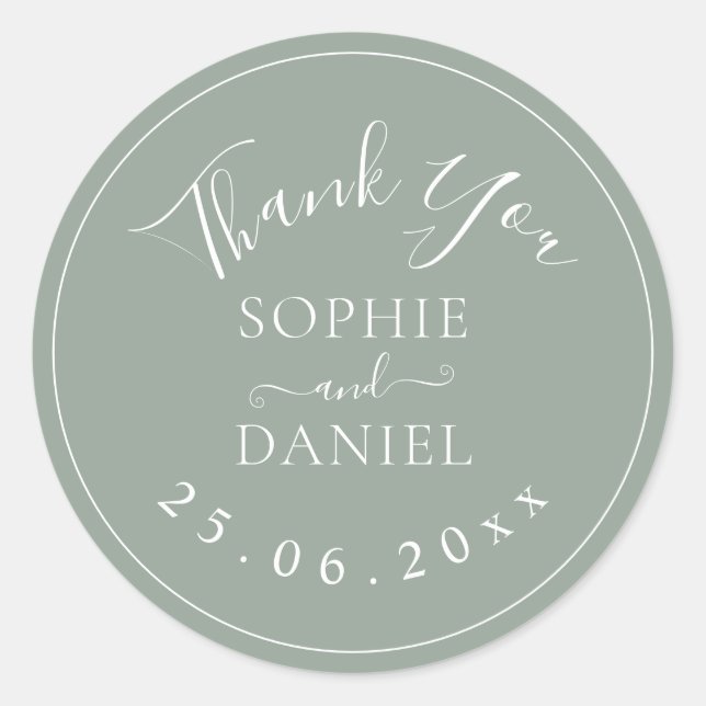 Sage Green Modern Thank You Wedding Favors Classic Round Sticker (Front)