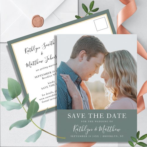 Sage Green Modern Typography Simple Photo Wedding  Announcement Postcard