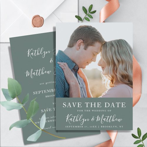 Sage Green Modern Typography Simple Photo Wedding Save The Date