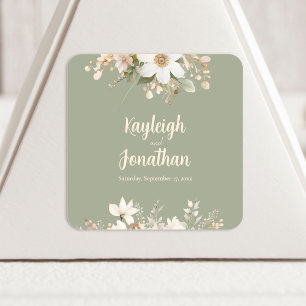 Sage Green Modern Watercolor Floral Wedding Square Sticker