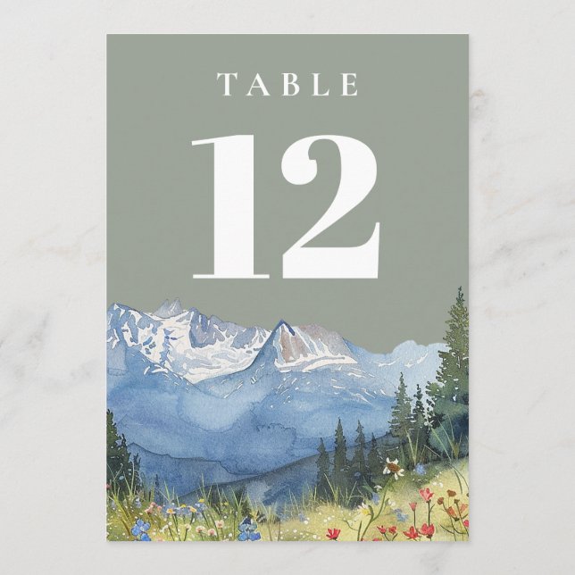 Sage Green Modern Watercolor Mountain Table Number (Back)