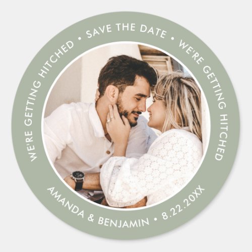 Sage Green Modern Wedding Photo Save The Date Classic Round Sticker