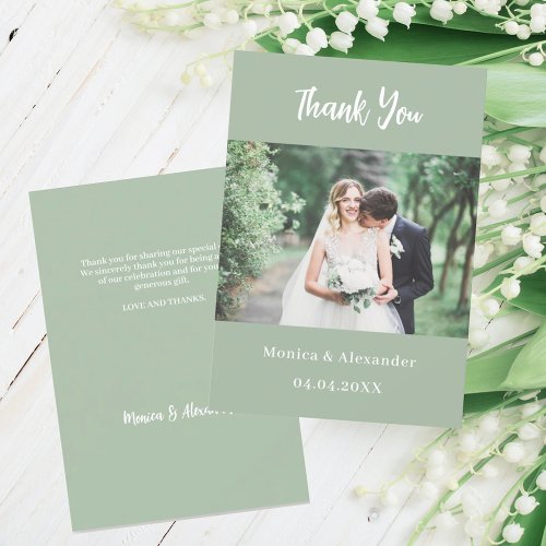 Sage green modern wedding photo thank you card