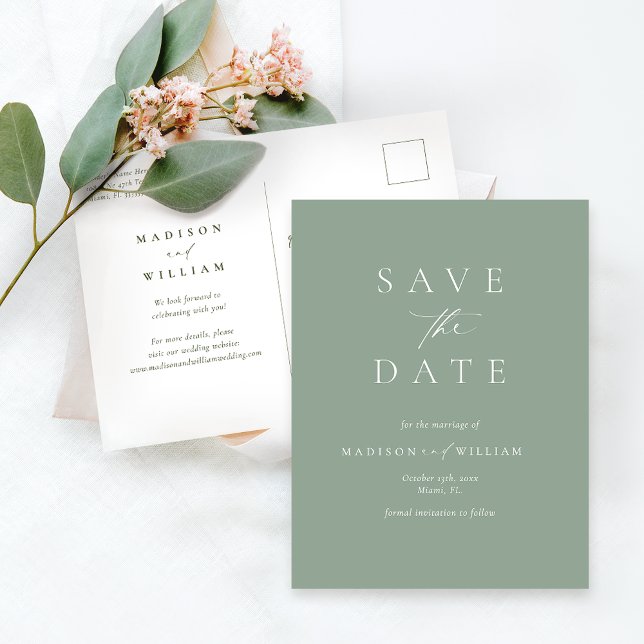 Sage Green Modern Wedding Save The Date Postcard (Creator Uploaded)