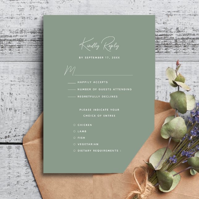 Sage Green Modern Whimsical Script Wedding RSVP Card (Creator Uploaded)