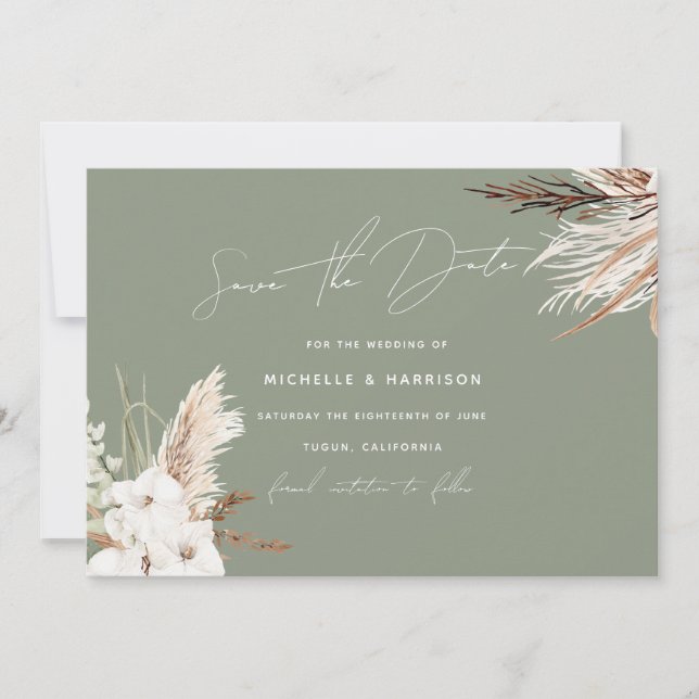 Sage Green Modern White Bohemian Floral Wedding Save The Date (Front)