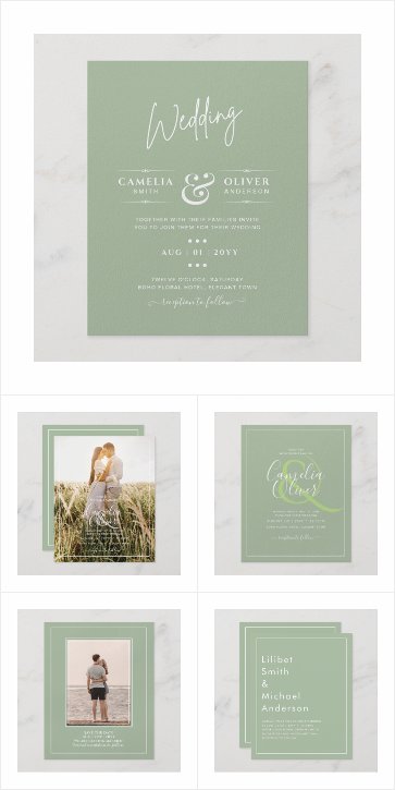 Sage Green Budget Wedding Invitations - Monochrome