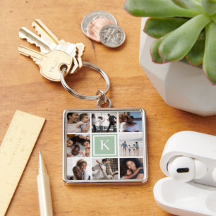 Sage Green Monogram 8 Photo Collage Keychain