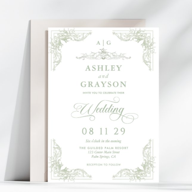 Sage Green Monogram Baroque Wedding Invitation (Creator Uploaded)