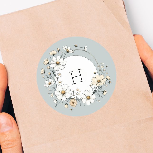 Sage Green Monogram Boho Flowers Personalized Classic Round Sticker (Creator Uploaded)