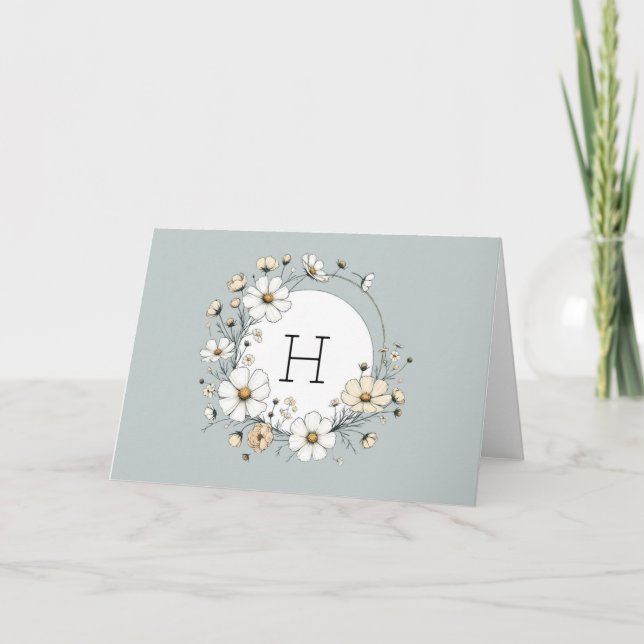 Sage Green Monogram Boho Flowers Personalized  Letterpress Thank You Card (Front)