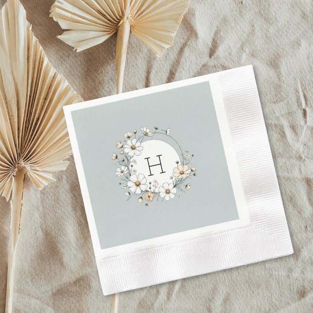 Sage Green Monogram Boho Flowers Personalized  Napkins (Creator Uploaded)