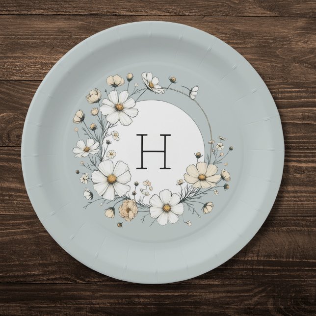 Sage Green Monogram Boho Flowers Personalized  Paper Plates (Creator Uploaded)