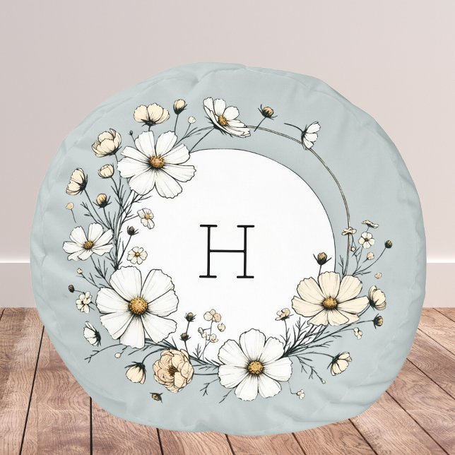 Sage Green Monogram Boho Flowers Personalized Pouf (Creator Uploaded)