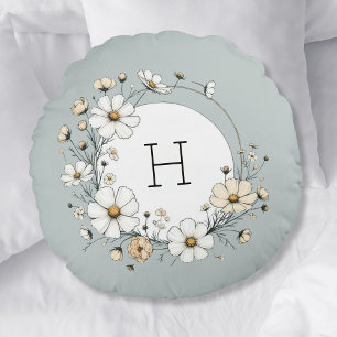 Sage Green Monogram Boho Flowers Personalized Round Pillow