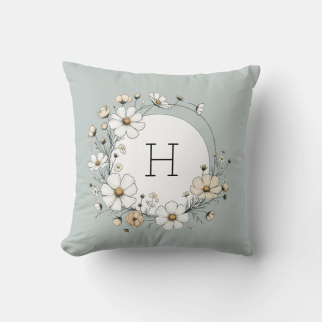 Sage Green Monogram Boho Flowers Personalized Throw Pillow (Front)