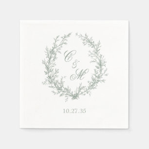 Sage Green Monogram Botanical Wreath Wedding Napkins