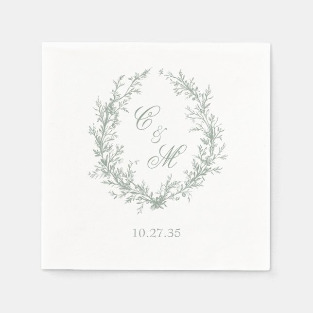 Sage Green Monogram Botanical Wreath Wedding Napkins (Front)