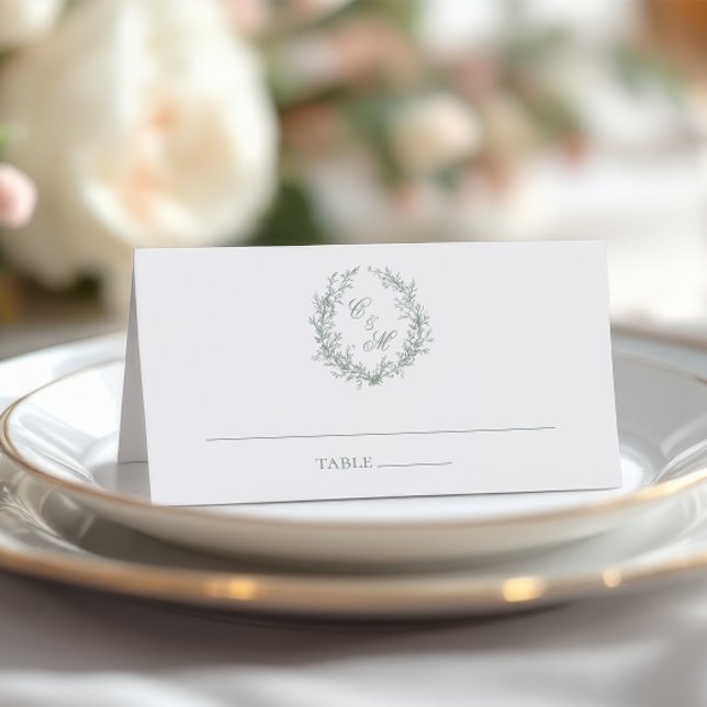 Sage Green Monogram Botanical Wreath Wedding Place Card (Creator Uploaded)