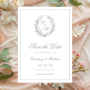 Sage Green Monogram Botanical Wreath Wedding Save The Date