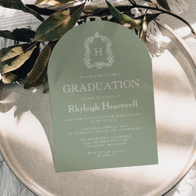 Sage Green Monogram Crest Arch Graduation Party Invitation (Creator Uploaded)
