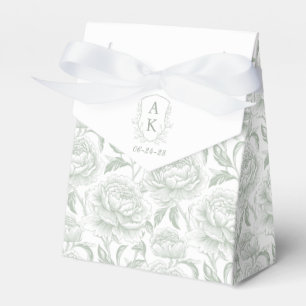 Sage Green Monogram Crest Chinoiserie Peonies Favor Boxes