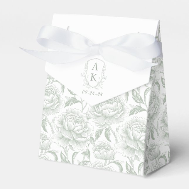 Sage Green Monogram Crest Chinoiserie Peonies Favor Boxes (Front Side)