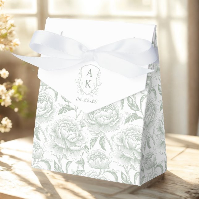 Sage Green Monogram Crest Chinoiserie Peonies Favor Boxes (Creator Uploaded)