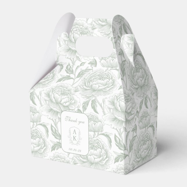 Sage Green Monogram Crest Chinoiserie Peonies Favor Boxes (Front Side)