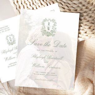 Sage Green Monogram Crest Photo Save the Date Postcard