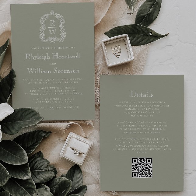 Sage Green Monogram Crest QR Code Wedding Invitation (Creator Uploaded)