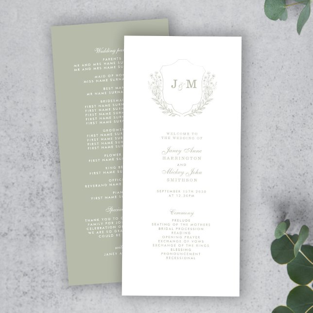 Sage Green Monogram Crest Wedding Program (Creator Uploaded)