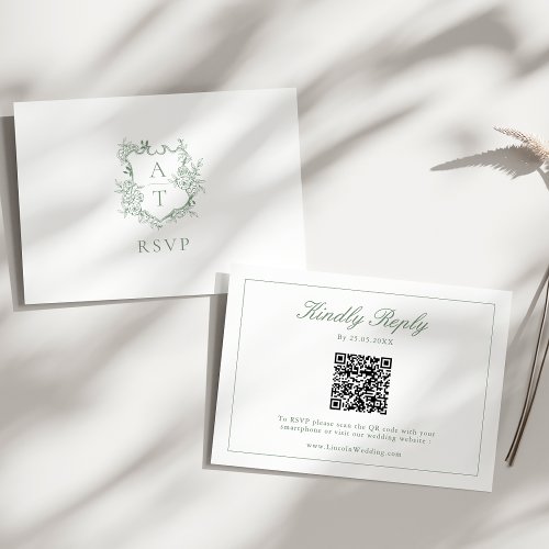 Sage Green Monogram Crest Wedding QR Code RSVP Enclosure Card