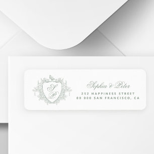 Sage green monogram crest wedding return address label