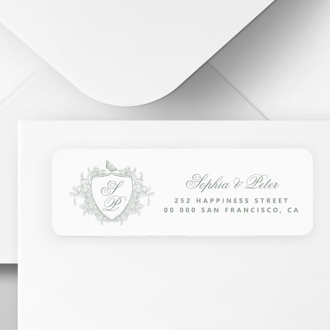 Sage green monogram crest wedding return address label (Creator Uploaded)