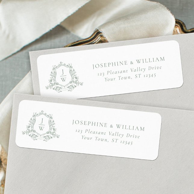 Sage Green Monogram Crest Wedding Return Address Label (Creator Uploaded)