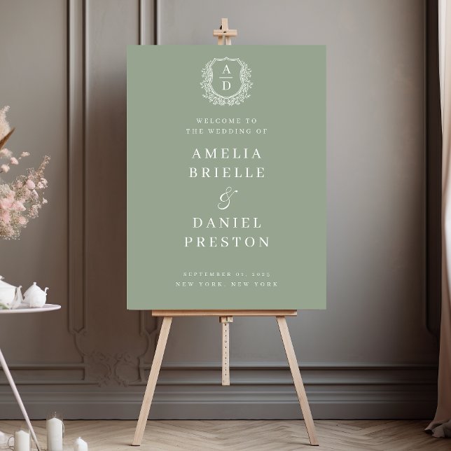 Sage Green Monogram Crest Wedding Welcome Sign (Creator Uploaded)