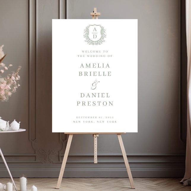 Sage Green Monogram Crest Wedding Welcome Sign (Creator Uploaded)
